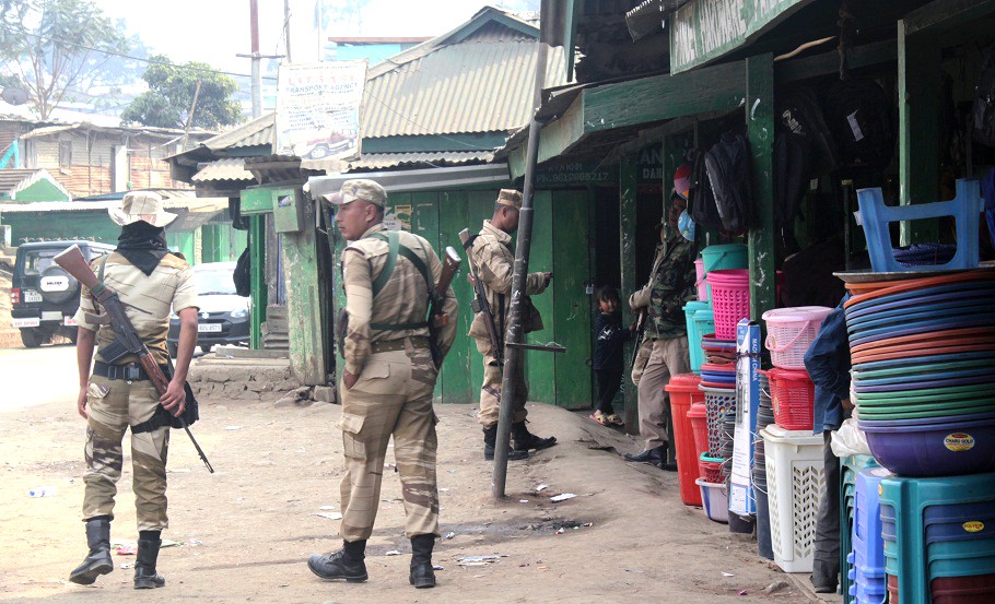 IRB personnel seen on patrolling duty at Kiphire town, one of the areas affected by violence aftermath the brutal killing of a couple between Shamator and Kiphire on February 6 by unknown assailant(s). (Morung Photo)